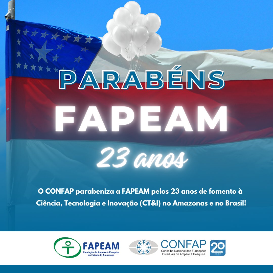 confapbr's tweet photo. Nesta quinta-feira (21), a Fundação de Amparo à Pesquisa do Estado do Amazonas (FAPEAM) completa 23 anos.

A FAPEAM foi criada pelo Decreto nº 23.420, de 21 de maio de 2003.

➡️ https://t.co/eG3OthgHqc

#FAPEAM23Anos
#Amazonas
#CONFAP https://t.co/az7vufEkgK