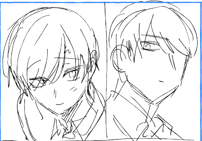 copel29su's tweet photo. 穢大典の展示で考えていた没漫画ラフ一部です。
一枚目二枚目繋がってないけど下書きでも有明可愛く描けている気がする。 https://t.co/GkS7ttBQ0T