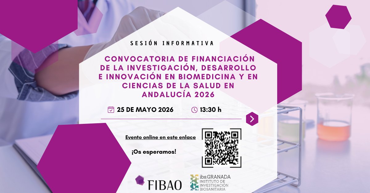 FIBAO's tweet photo. 📢 El próximo 25 de mayo celebramos una sesión informativa online sobre la convocatoria de financiación I+D+i en Biomedicina y Ciencias de la Salud en Andalucía 2026

📅 25 de mayo 13:30h
💻 Online
🔗 https://t.co/8jtGrTYIoY

#Investigación #Salud #Financiación #Convocatorias https://t.co/5m2Cws01XI
