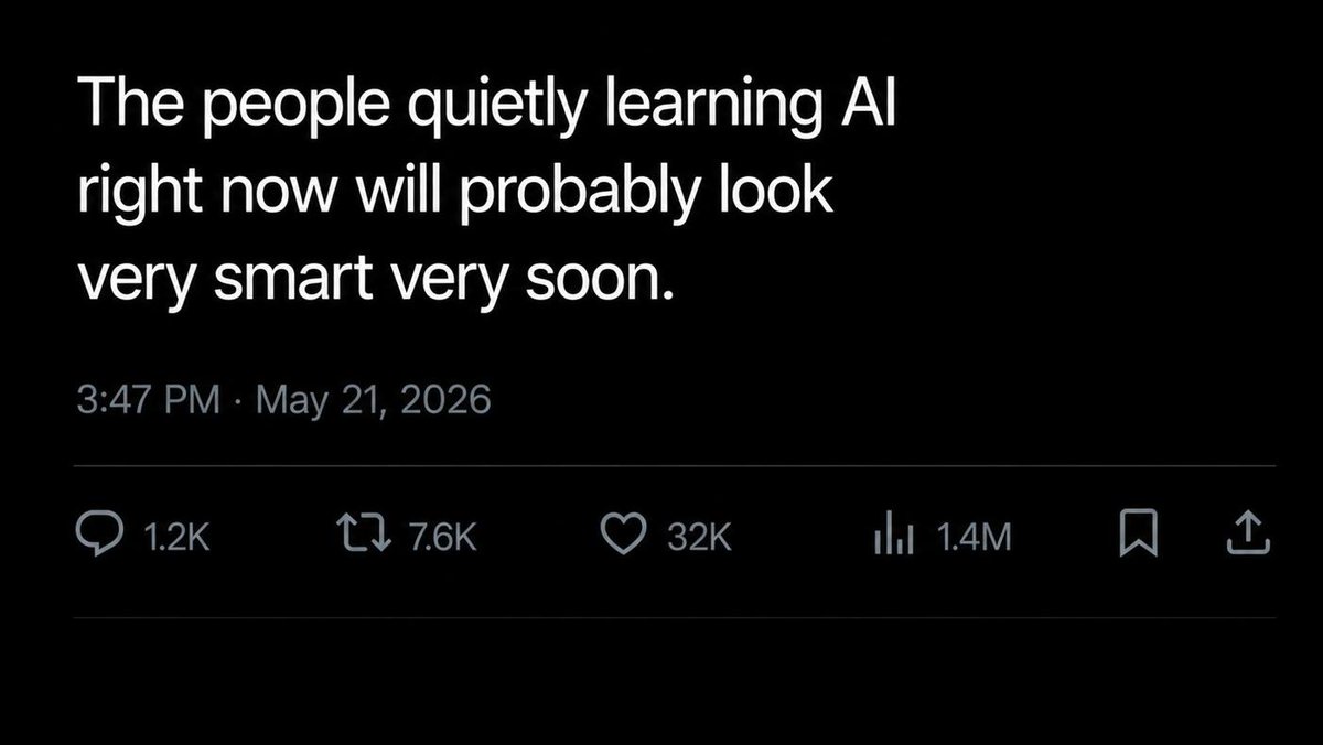 Blockhacks's tweet photo. The people quietly learning AI today may end up having a massive advantage tomorrow 

Most people still think there’s plenty of time.

#AI #ArtificialIntelligence #FutureTech #Innovation #AITools #Tech https://t.co/5eHWJvOTq6