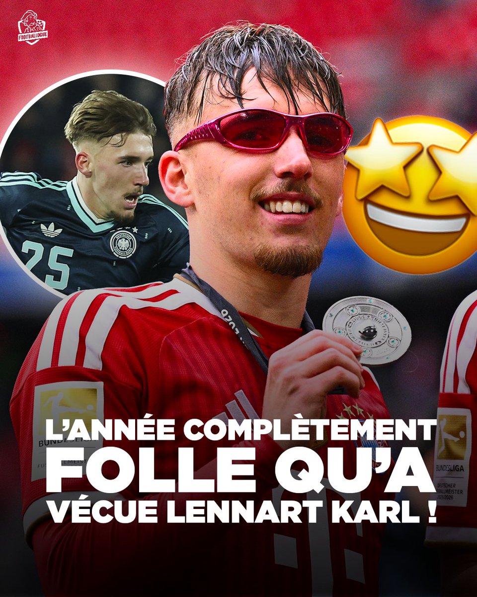 Footballogue's tweet photo. Tout ce qu’a vécu le jeune Lennart Karl (18 ans) en 𝗨𝗡 𝗣𝗘𝗨 𝗣𝗟𝗨𝗦 𝗗'𝗨𝗡 𝗔𝗡 ! 🤯 🇩🇪 

𝟰 𝗮𝘃𝗿𝗶𝗹 𝟮𝟬𝟮𝟱 : premier groupe avec le Bayern Munich, sans jouer  

𝟭𝟱 𝗷𝘂𝗶𝗻 𝟮𝟬𝟮𝟱 : rentre en jeu pour la première fois, lors de la Coupe du Monde des clubs  

𝟮𝟬 𝘀𝗲𝗽𝘁𝗲𝗺𝗯𝗿𝗲 𝟮𝟬𝟮𝟱 : titularisé pour la première fois avec le Bayern et donne sa première passe D  

𝟮𝟮 𝗼𝗰𝘁𝗼𝗯𝗿𝗲 𝟮𝟬𝟮𝟱 : marque son 1er but avec le Bayern Munich, lors de sa première titularisation en Ligue des Champions  

𝟮𝟱 𝗼𝗰𝘁𝗼𝗯𝗿𝗲 𝟮𝟬𝟮𝟱 : marque son 1er but avec le Bayern Munich en Bundesliga  

𝟭𝟰 𝗻𝗼𝘃𝗲𝗺𝗯𝗿𝗲 𝟮𝟬𝟮𝟱 : dispute ses premiers matchs avec les Espoirs allemands  

𝟵 𝗱𝗲́𝗰𝗲𝗺𝗯𝗿𝗲 𝟮𝟬𝟮𝟱 : devient le plus jeune joueur de l’histoire à inscrire minimum un but sur trois matchs d’affilée en Ligue des champions à l’âge de 17 ans, 9 mois et 17 jours  

𝟭�� 𝗺𝗮𝗿𝘀 𝟮𝟬𝟮𝟲 : appelé avec l’Équipe A de l’Allemagne

𝟭𝟲 𝗺𝗮𝗶 𝟮𝟬𝟮𝟲 : remporte la Bundesliga  

🆕𝟮𝟭 𝗺𝗮𝗶 𝟮𝟬𝟮𝟲 : appelé avec l’Équipe A de l’Allemagne pour disputer la Coupe du Monde ! 🤩