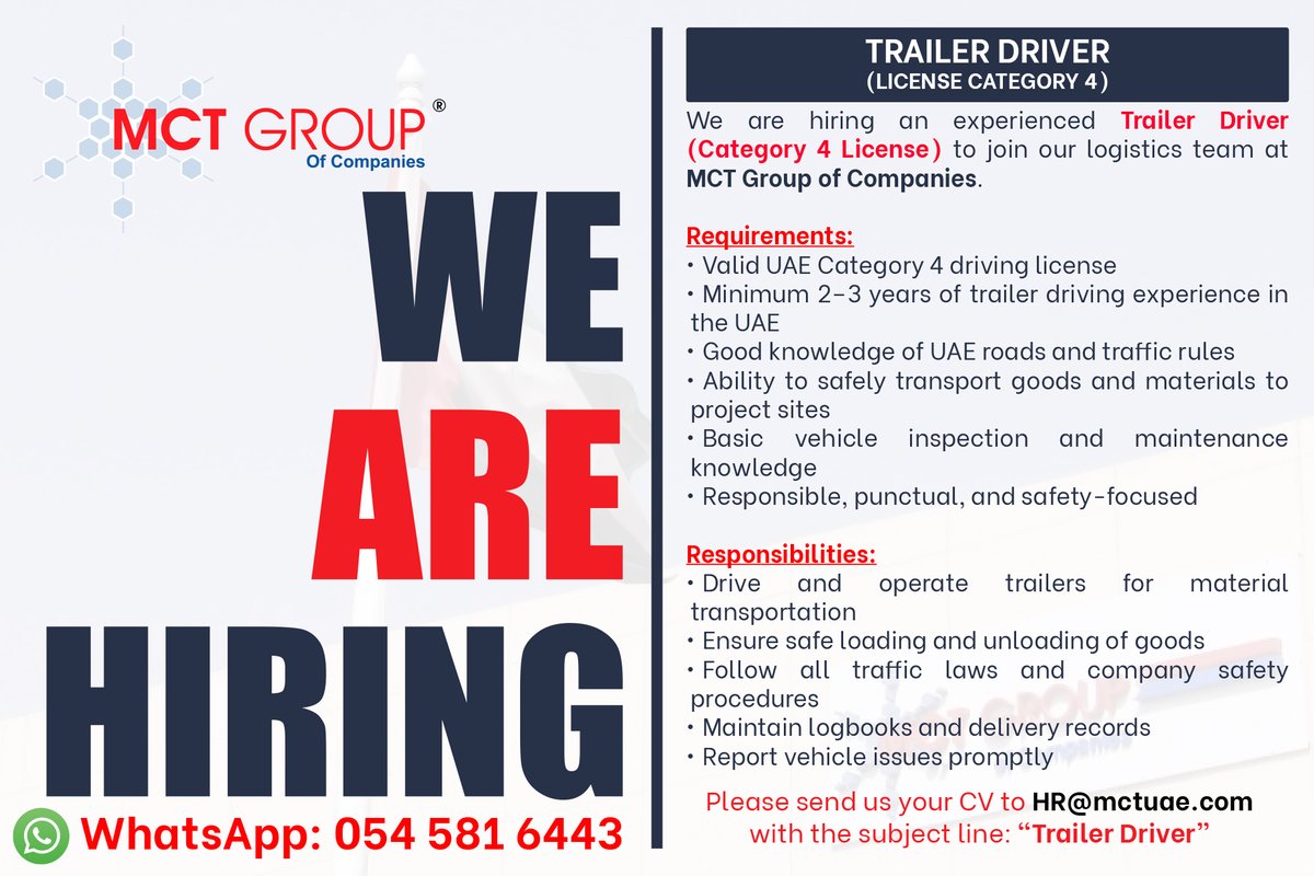 mctgroup_UAE's tweet photo. 🚨 𝐖𝐞 𝐀𝐫𝐞 𝐇𝐢𝐫𝐢𝐧𝐠 – 𝐓𝐫𝐚𝐢𝐥𝐞𝐫 𝐃𝐫𝐢𝐯𝐞𝐫 (𝐋𝐢𝐜𝐞𝐧𝐬𝐞 𝐂𝐚𝐭𝐞𝐠𝐨𝐫𝐲 𝟒) 🚨

📩 𝐇𝐨𝐰 𝐭𝐨 𝐀𝐩𝐩𝐥𝐲:
Send your CV to: 𝐇𝐑@𝐦𝐜𝐭𝐮𝐚𝐞.𝐜𝐨𝐦
Subject line: “𝐓𝐫𝐚𝐢𝐥𝐞𝐫 𝐃𝐫𝐢𝐯𝐞𝐫”

📱 𝐖𝐡𝐚𝐭𝐬𝐀𝐩𝐩: 𝟎𝟓𝟒 𝟓𝟖𝟏 𝟔𝟒𝟒𝟑

#Hiring #UAEJobs https://t.co/8lW87lCWP9