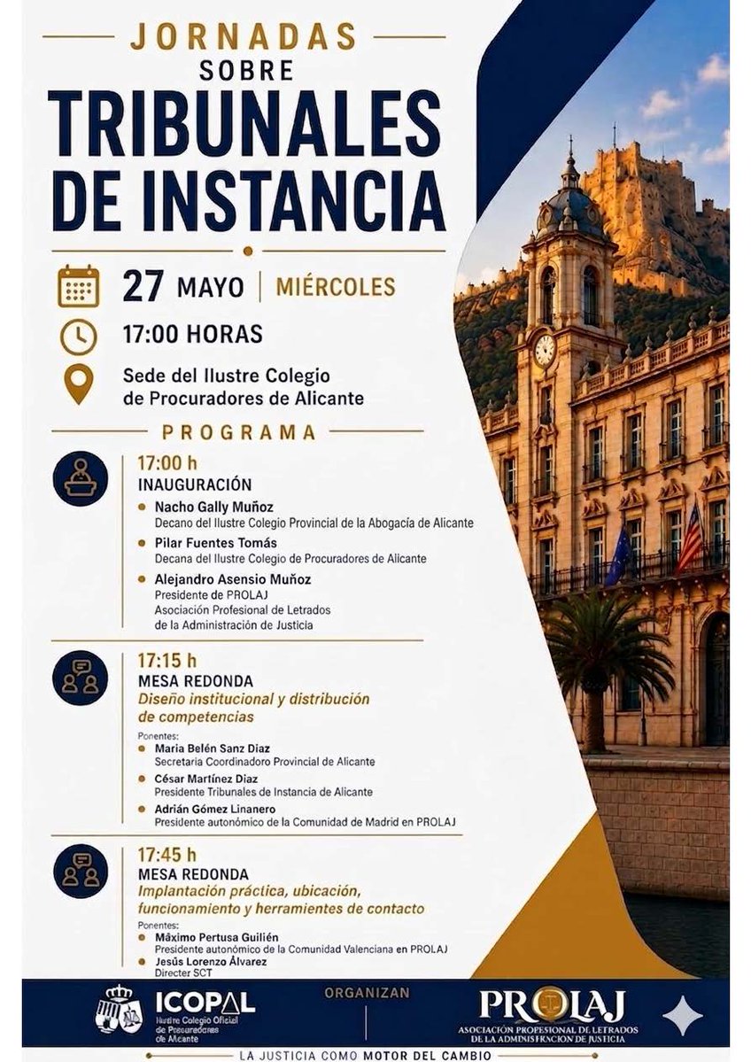ICALI_ColegAbog's tweet photo. 🏛️El decano del ICALI Ignacio Gally Muñoz participará en la inauguración de la «Jornada sobre los Tribunales de Instancia», organizada por ICOPAL), junto con la  PROLAJ. 
📆27 de mayo a las 17:00 horas en la sede del ICOPAL. https://t.co/i9uye1uH51
