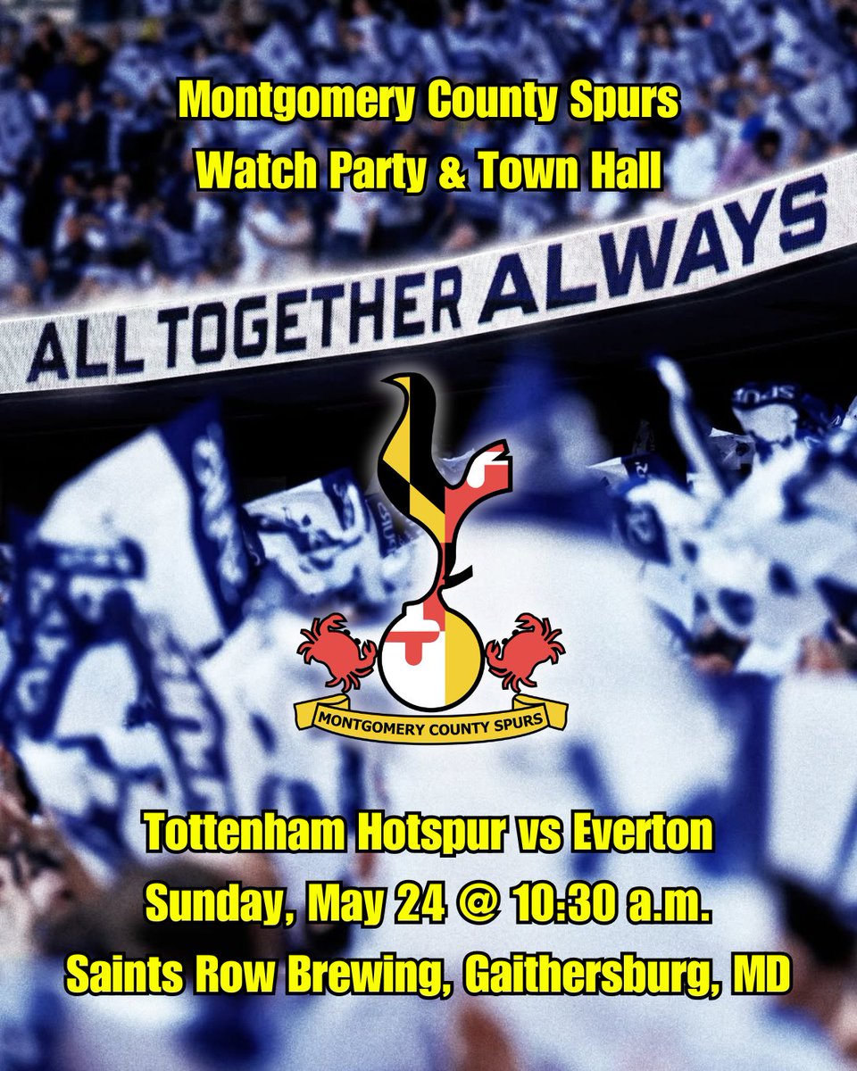 MontgomerySpurs's tweet photo. 🤍 Let’s get together one more time to banish the 25/26 Premier League season.

We’re also hosting our annual town hall 30 mins before the game.

This is your opportunity to tell us what we can change or improve and we’ll announce the new MoCo Spurs board. https://t.co/0jV9dCfgS0