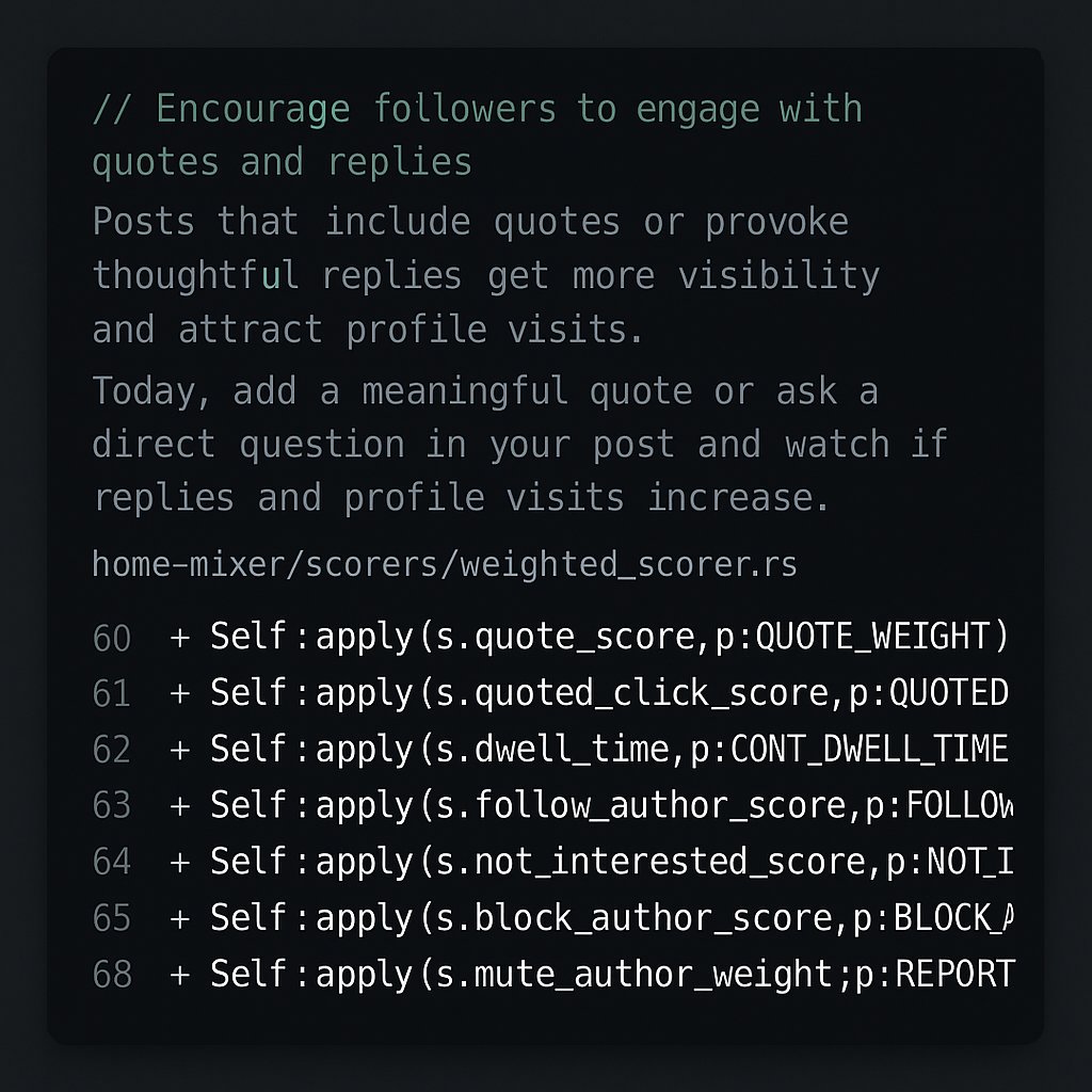 x__elevate's tweet photo. Posts that include quotes or provoke thoughtful replies get more visibility and attract profile visits.

Today, add a meaningful quote or ask a direct question in your post and watch if replies and profile visits increase. https://t.co/ppsV3BBRnr