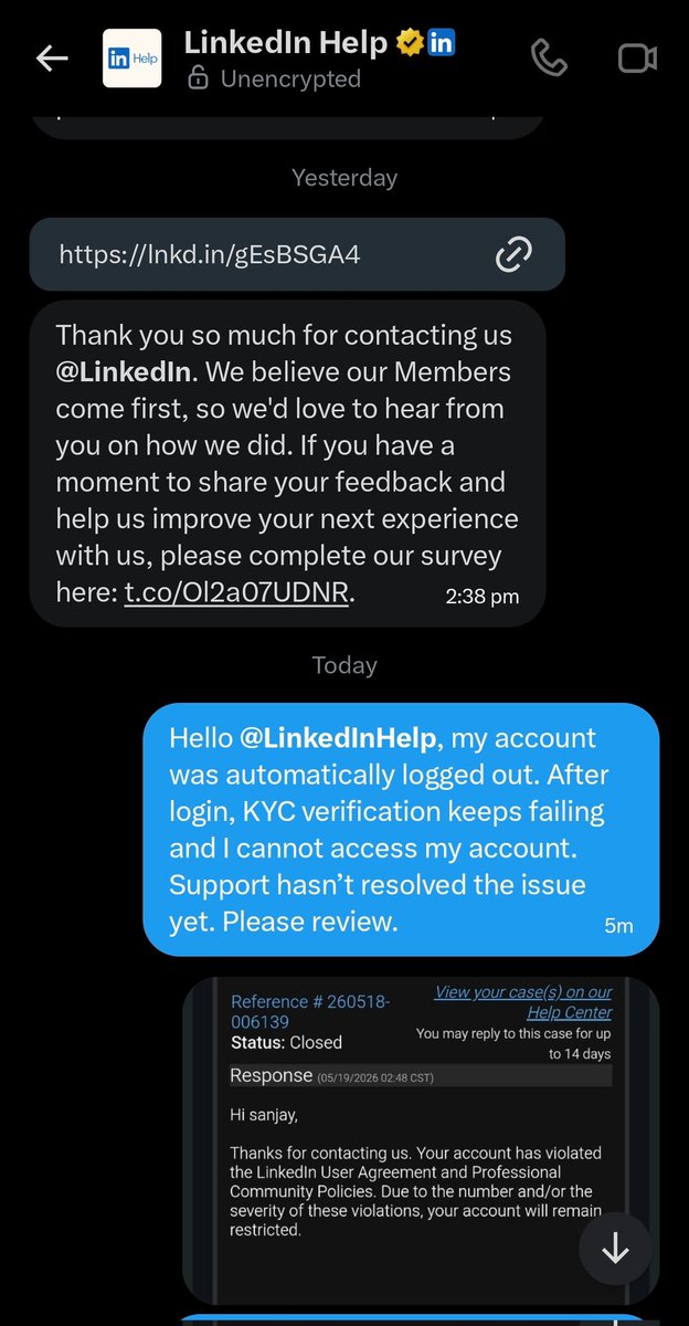 SanjayXCrypto's tweet photo. Hello @LinkedInHelp, I did not violate any LinkedIn policy, but my account was permanently restricted. KYC verification failed and recovery is not working. Please review my case. Ref: #260518-006139 https://t.co/wv3jwT86wm