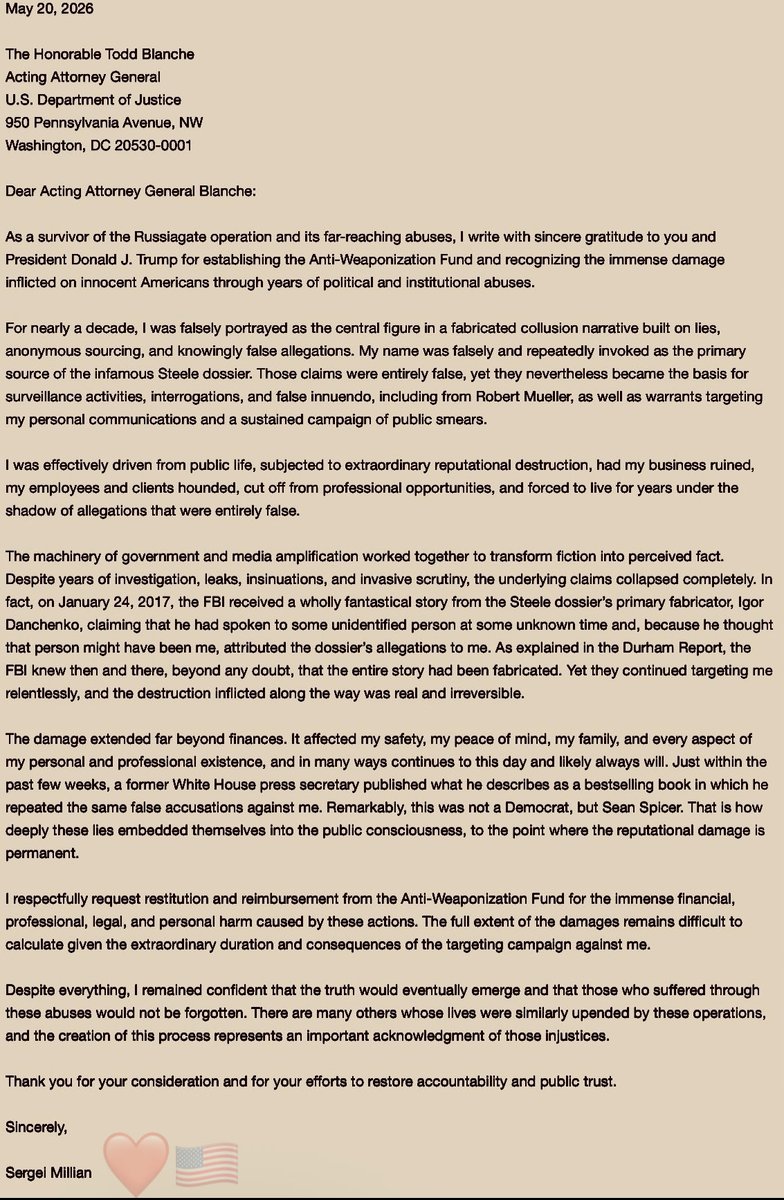 SergeiMillian's tweet photo. Happy upcoming 250th Anniversary 1776-2026 🇺🇸! I am very grateful to President Trump and AG Blanche for establishing the Anti-Weaponization Fund. Here is my letter to AG Blanche: https://t.co/jIHqUYKEfb