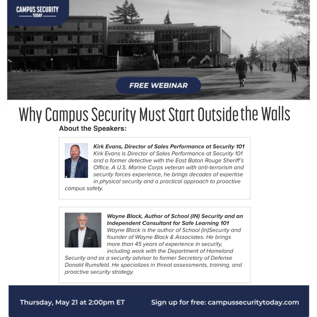 Security_101's tweet photo. Today is the day! Our Safe Learning 101 school experts, Kirk Evans and Wayne Black go live on the Campus Security Today Free Webinar: Why Campus Security Must Start Outside the Walls.

Join us at 2pm ET: https://t.co/GqAP9gFgA5

#Security101 #SafeLearning101 #TEAM101 https://t.co/6ehT2QnBFx