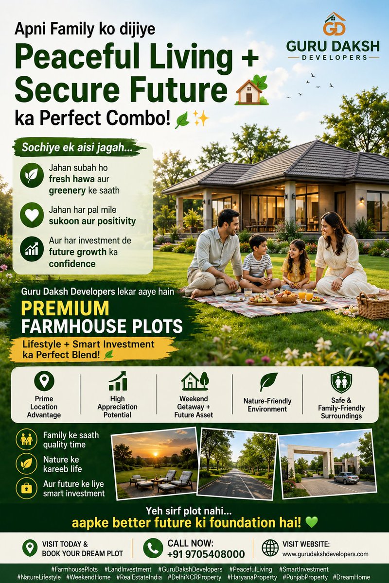 gurudakshdev's tweet photo. 🌿 Apni Family ko dijiye Nature ke beech ek Happy aur Secure Lifestyle! 🏡✨

Sochiye ek aisi jagah…
🌳 Jahan har din mile positivity aur relaxation
📈 Aur aapka investment banaye future ko aur bhi bright
Daksh Farm House — sukoon aur smart investment ka perfect destinat https://t.co/eGIws6KoQA