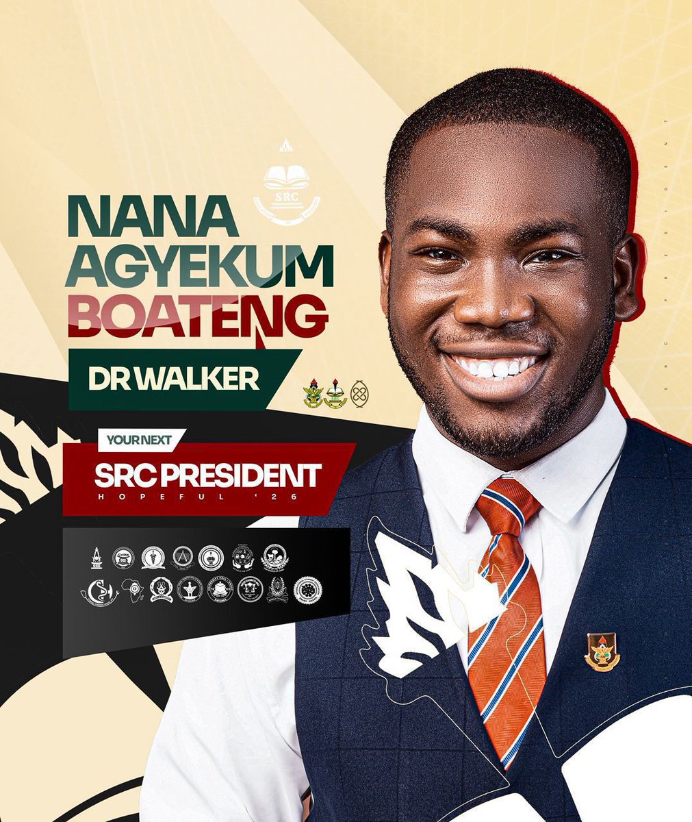 Sitoseth's tweet photo. A whole new standard is here Nana Agyekum Boateng (Dr. Walker) is ready to turn student voice into student power.
​The wait is over. The leader is here. 💪🎓
#SRC #DRWALKER #KNUST #lockin https://t.co/qKThNnGlP9