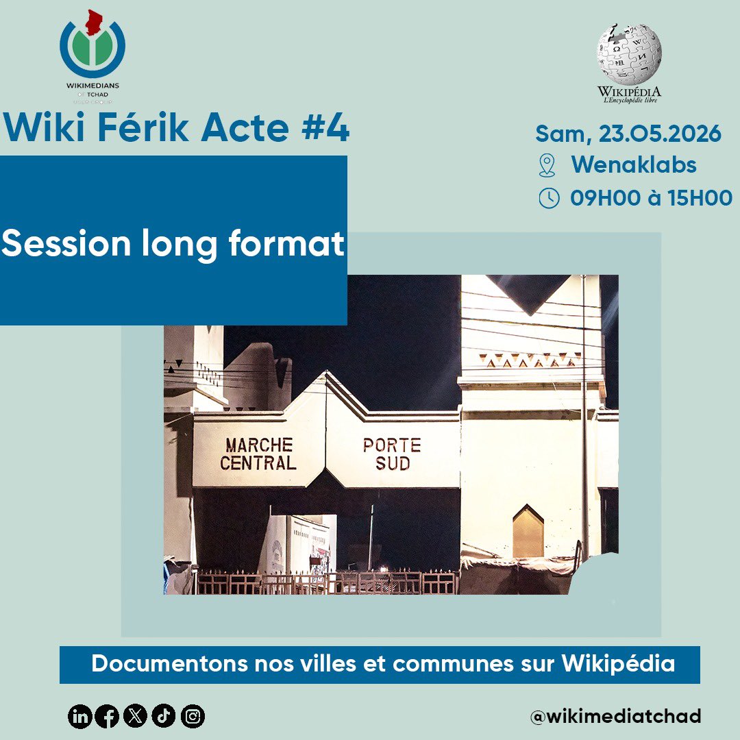 WikimediaTchad's tweet photo. Tu as envie de contribuer au partage des connaissances libres sur les villes et communes du Tchad sur Wikipédia ? C’est le moment avec Wiki Férik Acte #4.

Pour cette nouvelle édition, Wiki Férik revient avec un format long dédié à la création et à l’amélioration des contenus ⤵️ https://t.co/Tqfpa2Z7TP