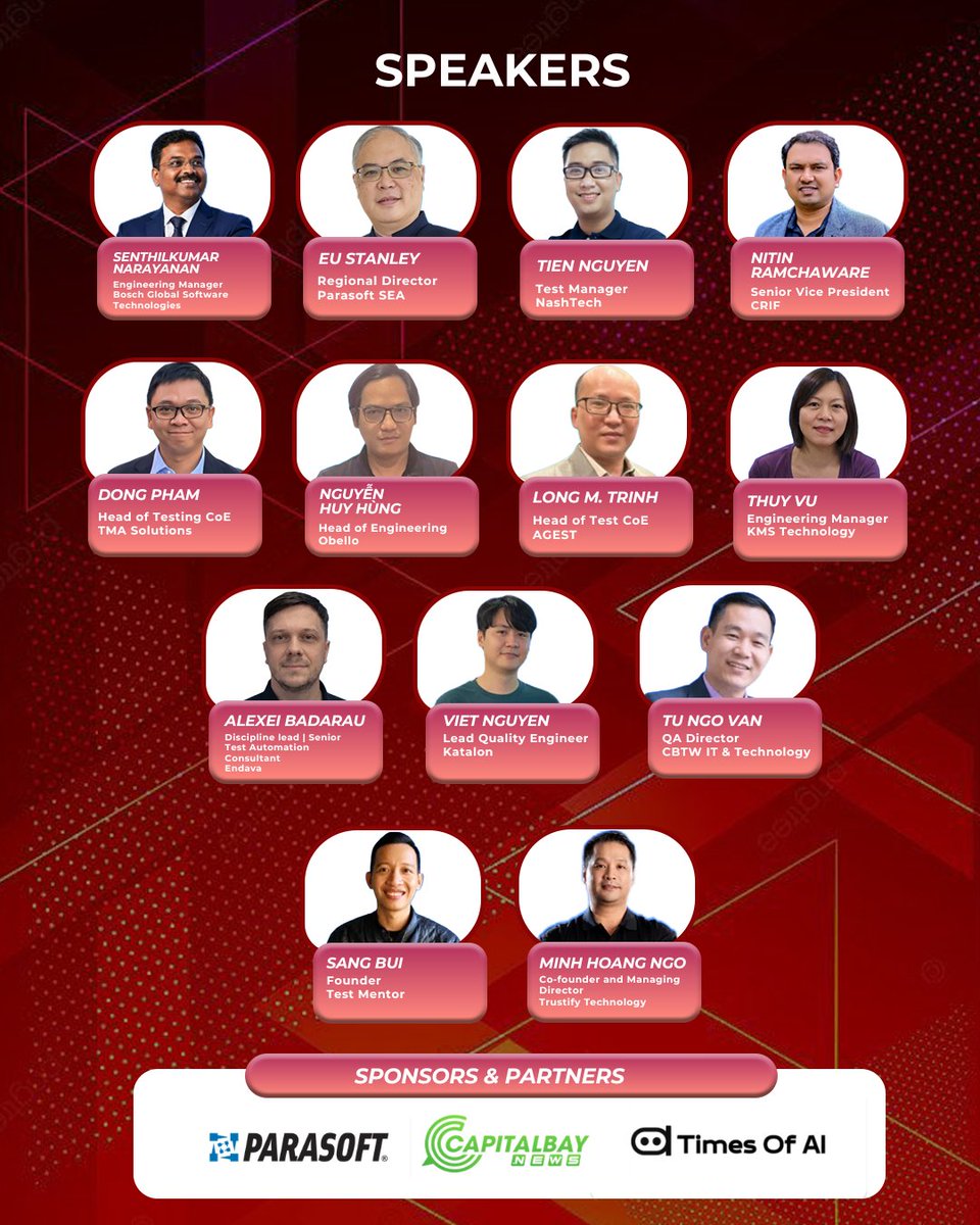testingmindcon's tweet photo. 01 Day To Go — Ho Chi Minh City
AI-driven testing, autonomous QA & the future of quality engineering — live tomorrow at the Test Automation Summit.
Keynote: Senthil Kumar Narayanan, Bosch Global Software Technologies
Register now: https://t.co/BuEsFXVVNM
#Testingmind https://t.co/K1W858z2Fu