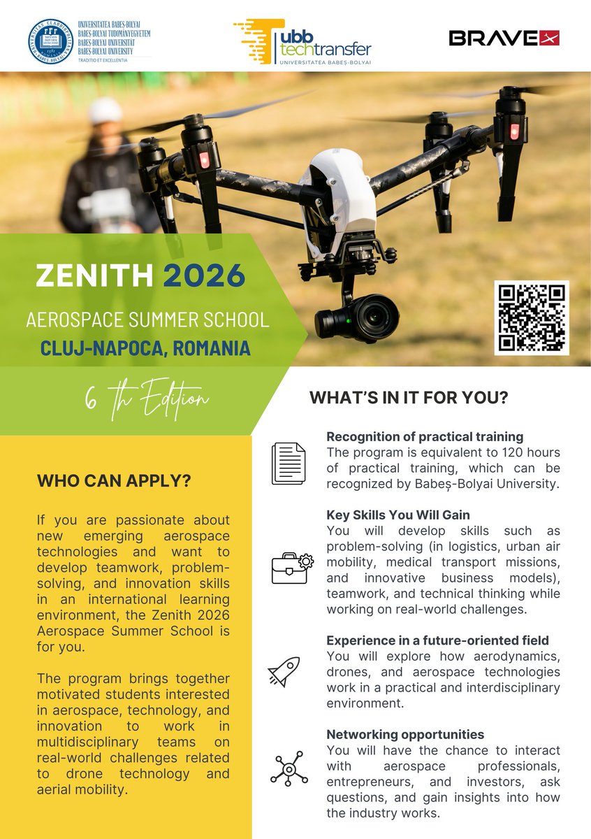 UBBTechTransfer's tweet photo. ⏳ DOAR O SĂPTĂMÂNĂ RĂMASĂ! 
Înscrie-te la ZENITH 2026 – Aerospace Summer School! 🚀🌌

De ce să nu ratezi ocazia?
🎓 Îți echivalezi 120 de ore de practică 
🤝 Faci networking cu profesioniști
🛸 Lucrezi în echipe pe provocări reale 

https://t.co/C3TjNPPUJg https://t.co/mGLCptfqzU