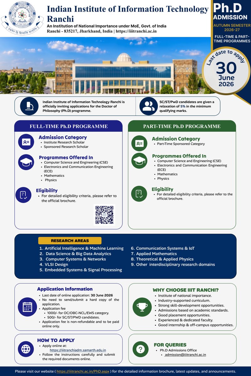 IIITRanchi's tweet photo. Programmes Offered: 
• https://t.co/2Ld2RPAFwK: CSE (DS &amp; AI) &amp; ECE (ES &amp; IoT)  
• Ph.D: CSE/ECE/Mathematics/Physics

For more details:
• Visit: https://t.co/y9ZnLTCAnu
• Apply Now: https://t.co/Y520CXUaaQ
• Last date:  June 30, 2026
#iiitranchi #engineeringadmissions https://t.co/wnp9eTlLEO