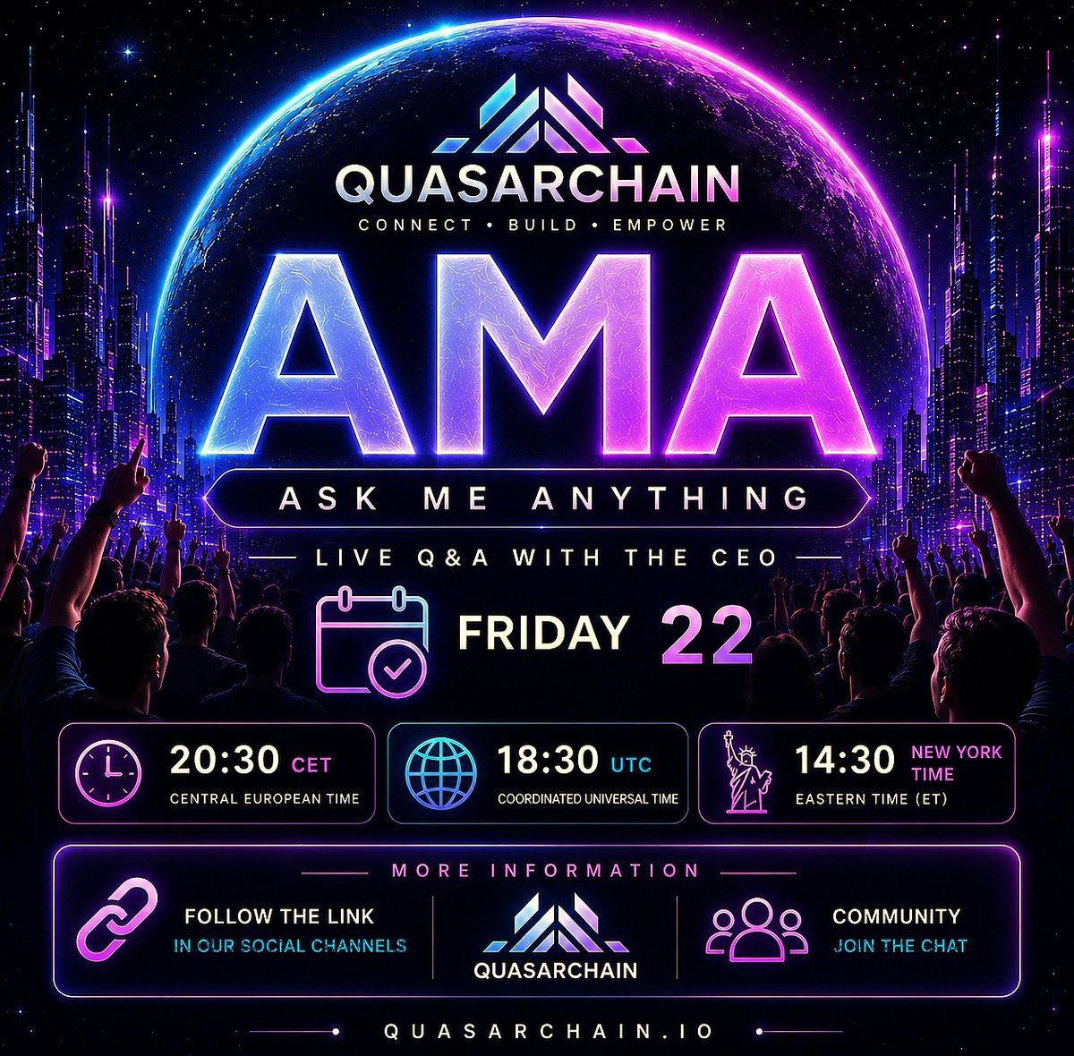 QuasarChainOfcl's tweet photo. https://t.co/CMnFvR0Aji 
Tomorrow: Official QuasarChain Telegram AMA.

Join the live Q&A with the CEO and learn more about the vision, ecosystem, real utility and future of QuasarChain.

20:30 CET
18:30 UTC
14:30 ET

Ask questions. Engage with the community. Be part of the future.

#QuasarChain #AMA #Web3 #Ethereum #Layer2