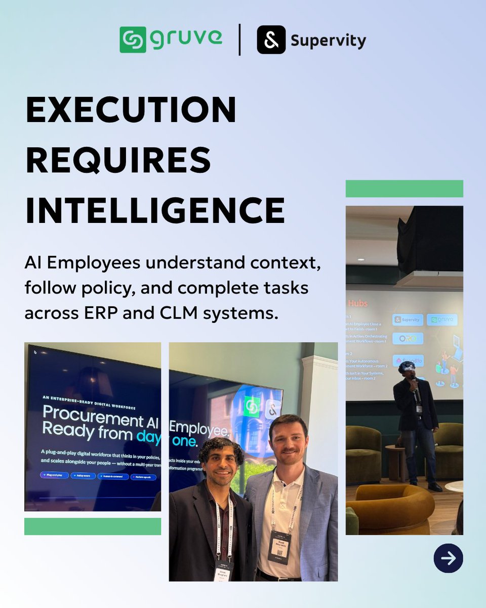 SupervityAI's tweet photo. At KonnectHouse 2026, Supervity × @Gruve_ai  hosted procurement and operations leaders to tackle a key challenge: moving AI into production, not just running pilots.

#Supervity #Gruve #KonnectHouse #AIEmployees #AgenticAI #Procurement #Ops #EnterpriseAI #DigitalTransformation https://t.co/N7AWP0qU76