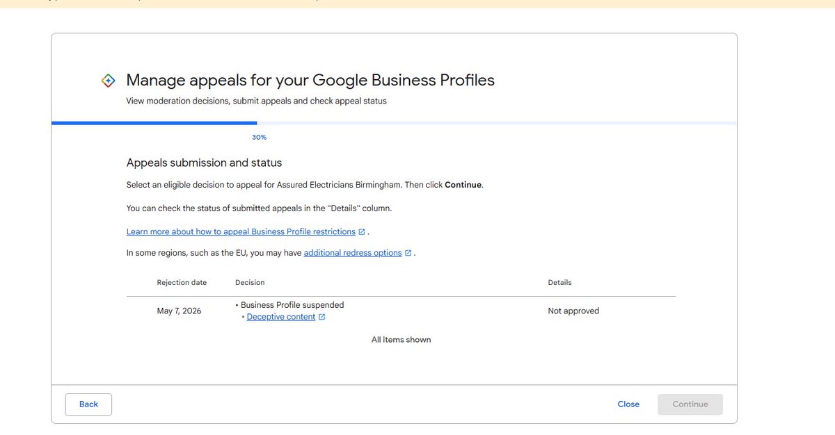 DannMorgann's tweet photo. @GoogleMyBiz Helping a client appeal a suspension - Your support says to appeal, but it's not giving an option to do so... https://t.co/Rz1GCSRJg0
