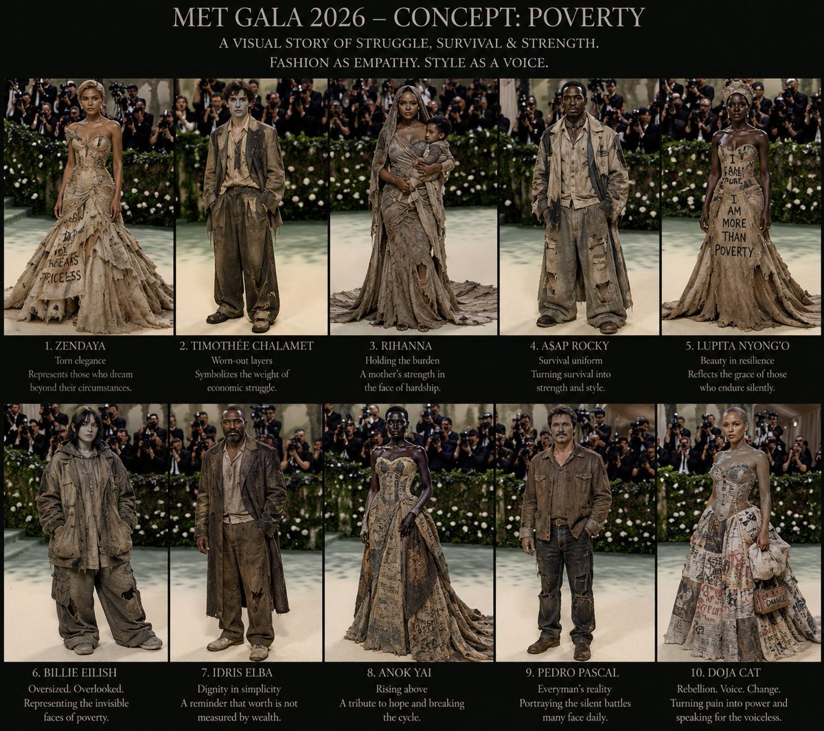alienkidisalive's tweet photo. I asked Chatgpt how it would be if Met Gala had theme "POVERTY"
Here is the result 
Rihanna with a baby was unexpected 😭😭😭 https://t.co/mUfRJX9rwx