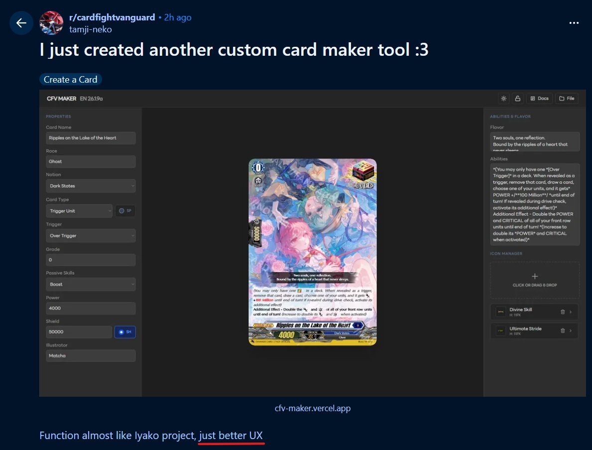 ReFightVanguard's tweet photo. Well, someone finally made another website (we know each other, and they asked me for some help and assets)

I'm just a bit pissed that they need to say "Just Better UX" 

so yeah for those who can't use the PC app, you can now use the website (link in pic)

wish them luck~ https://t.co/BBfOgQeDRW