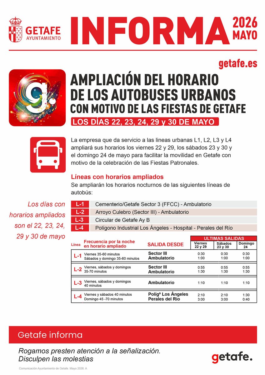 aytogetafe's tweet photo. 🚌 Ampliación del horario de los autobuses urbanos con motivo de las Fiestas de Getafe.

⏱️ Te recordamos también el Metrominuto con las distancias a pie y en bici entre los principales puntos de Getafe. 🚶🚴

https://t.co/pVNoqguC3c https://t.co/x25YF3a4tC