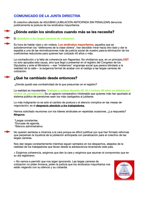 asjubi40's tweet photo. COMUNICADO DE LA JUNTA DIRECTIVA DE @asjubi40 

El colectivo afectado de ASJUBI40 denuncia públicamente la postura de los sindicatos mayoritarios.

@UGT_Comunica 
@SG_UGT 
@CrisEstevez_UGT 
@mcarmenbarrera 
@CCOO 
@UnaiSordo 
@carlosbravofdez https://t.co/y2feSpVaHR