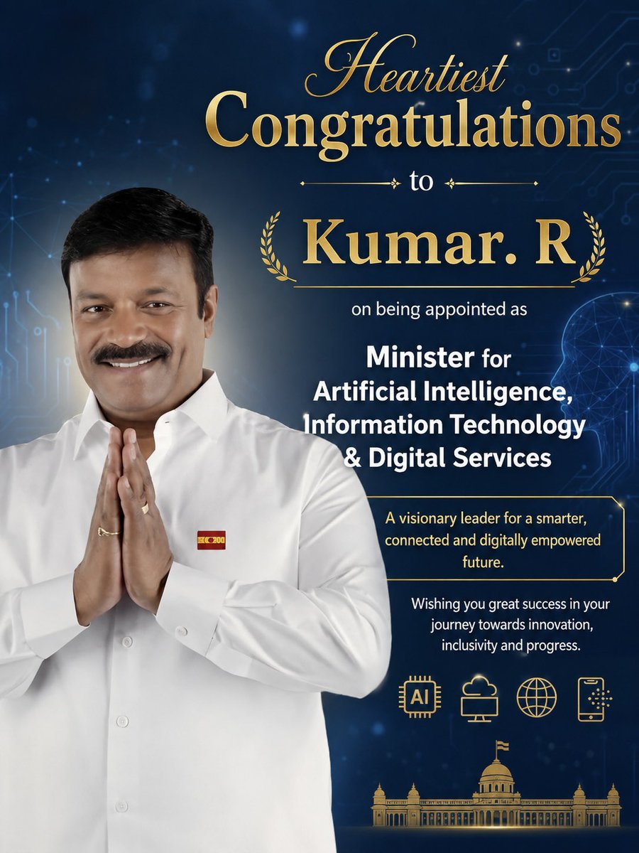 tvk_ai's tweet photo. Heartiest congratulations to @R_Kumar_TVK on being appointed as the Minister for Artificial Intelligence, Information Technology & Digital Services.

Wishing you great success in leading Tamil Nadu towards innovation, digital growth, and a smarter future for all. Your vision and leadership will inspire the next generation of technology and progress.

#TamilNadu #ArtificialIntelligence #DigitalServices #Innovation #InformationTechnology