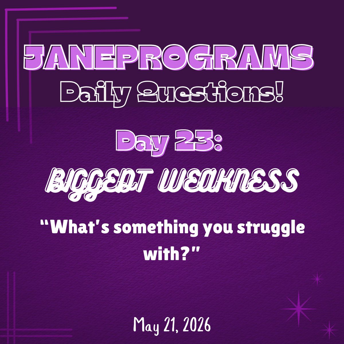 janeprograms's tweet photo. JANEPROGRAMS DAILY QUESTIONS: DAY 23 IS HERE!

No one is perfect; flaws are what make us human after all! Feel free to share what that one thing is about you that makes you human!

Don't forget to tag us and use #jprogday023 so we can see your beautiful answers!

Happy answering! https://t.co/TBUrm3GTi4