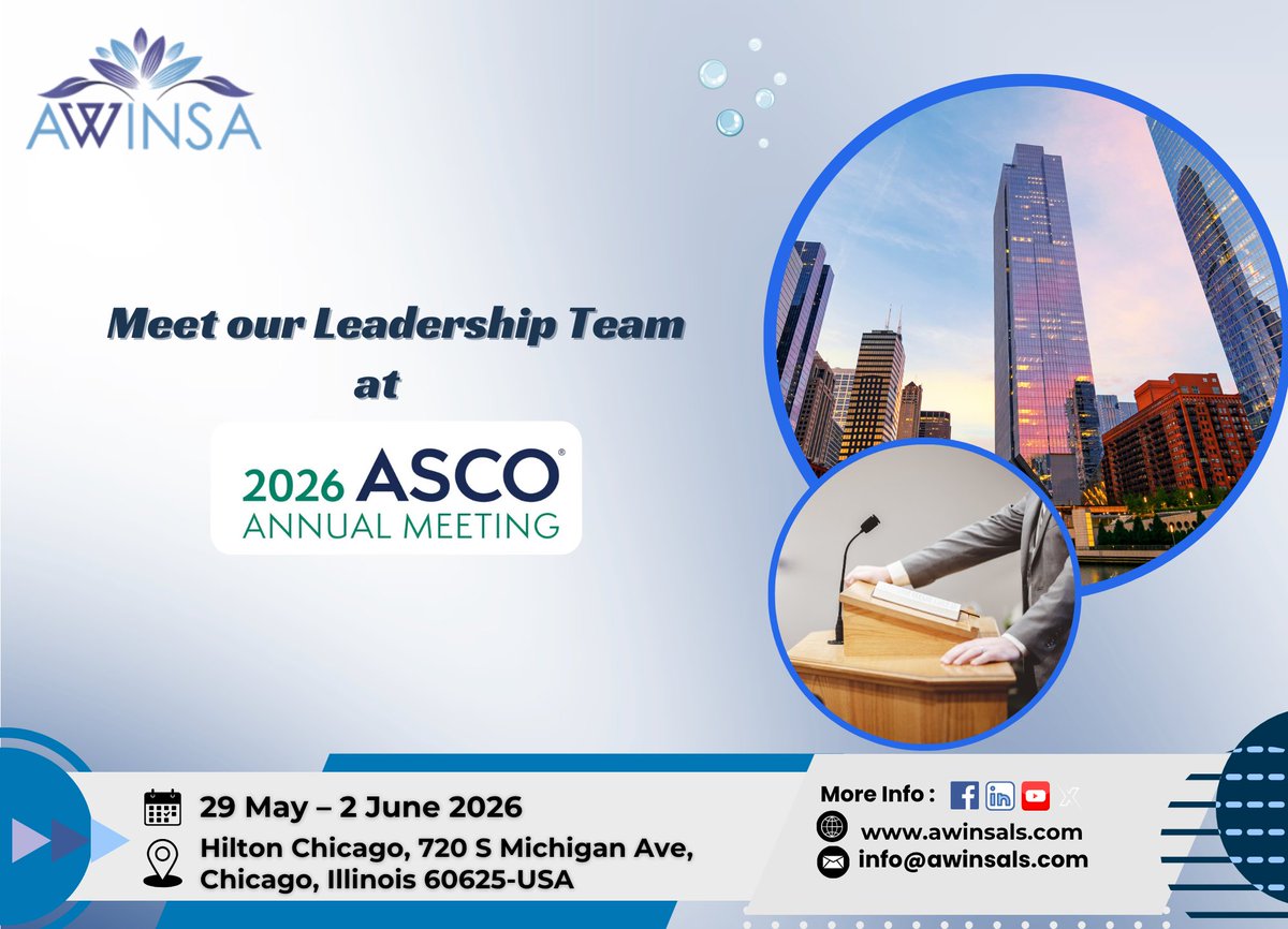 AWINSALS's tweet photo. Meet our Leadership Team at ASCO Annual Meeting 2026, 29 May - 2 June 2026 at Hilton Chicago, USA, to learn more about our Pharmacovigilance, Clinical Safety, Medical Writing, and Medical Information services.
#AWINSA #pharmacovigilance #patientsafety #ASCO2026 #DrugDiscovery https://t.co/QegS9tPp8W