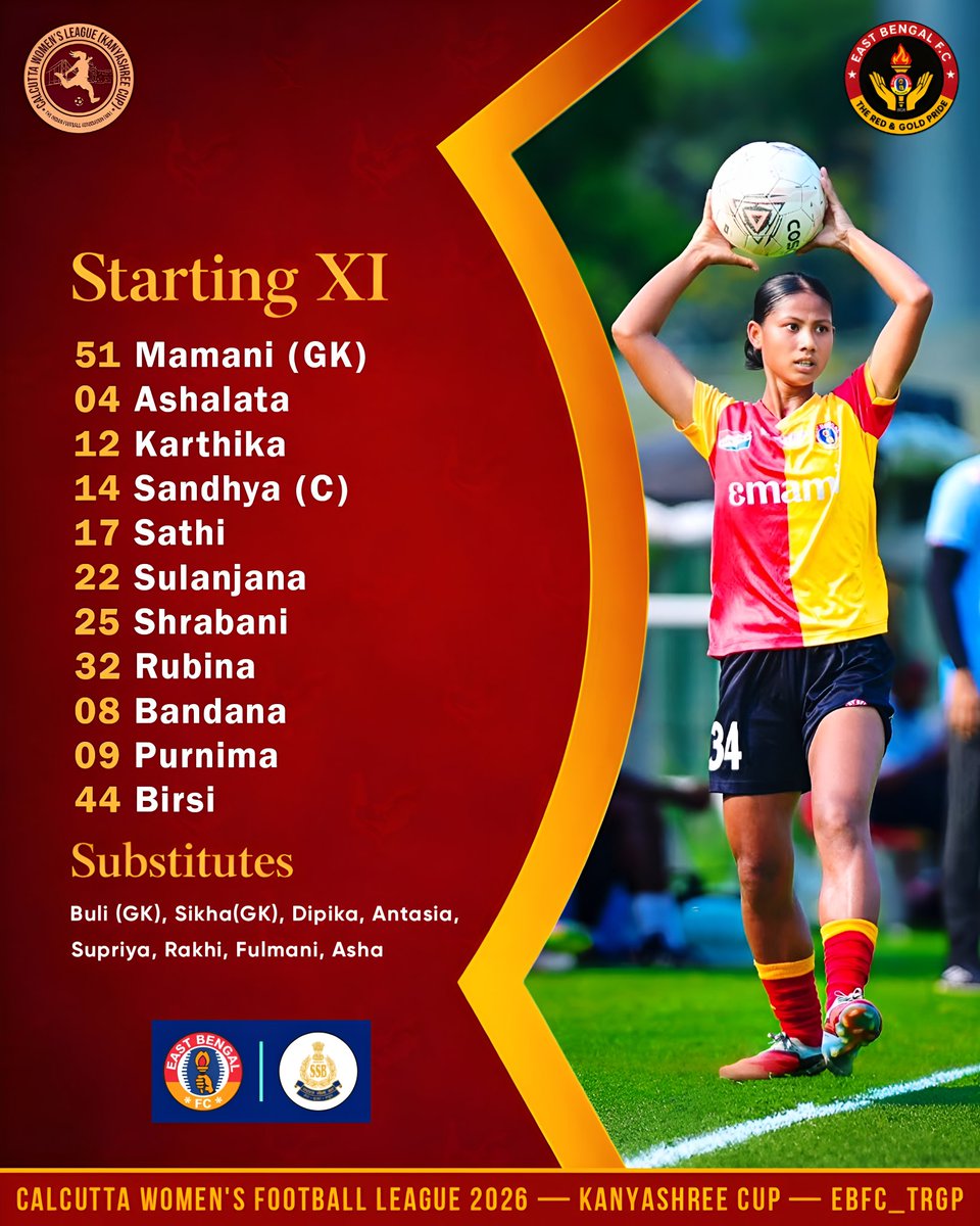 EBFC_TRGP's tweet photo. Hereโs our Starting XI against SSB Women in the #KanyashreeCup2026 Championship Round! ๐ด๐ก๐
#EastBengalFC #JoyEastBengal #CWFL #WomensFootball #EBFC_TRGP https://t.co/tZXcNjwokB