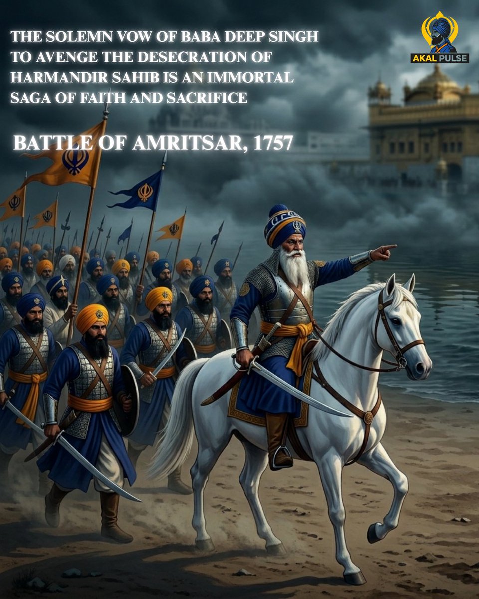akalpulse's tweet photo. A line drawn in the sand, a heavy khanda in hand, and a vow to the heavens. In May 1757, after the desecration of Harmandir Sahib, a 75-year-old Baba Deep Singh Ji shook Punjab. He didn't just mobilize an army; he awakened the spirit of Sant-Sipahi. #BabaDeepSingh #SikhHistory https://t.co/e4SH1OGuO3
