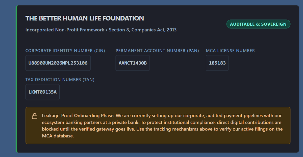 TheBetterHumans's tweet photo. The Better Human Life Foundation is officially scaling as a Section 8 Non-Profit company. This isn't just about governance; it's the architecture for our next decade of action. If you are reading this, you are part of the founding generation. Let’s build. https://t.co/GSAVn7IaAc