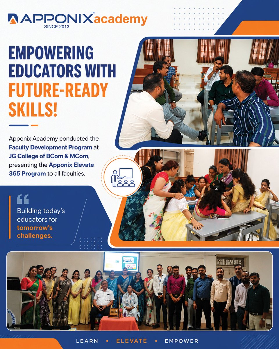 apponix's tweet photo. Apponix Academy proudly conducted the Faculty Development Program at JG College of BCom &amp; MCom under the innovative Apponix Elevate 365 Program 🎓
#ApponixAcademy #FacultyDevelopmentProgram #Elevate365 #FutureReadySkills #TeacherTraining #EducationMatters #SkillDevelopment https://t.co/Luz6F5uBTH