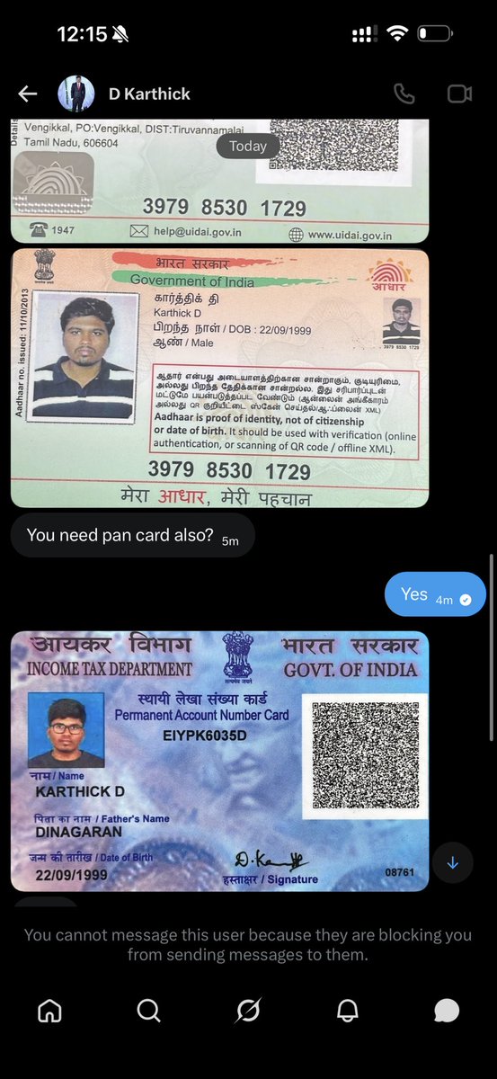 kushitha_love's tweet photo. ⚠️ Scam Alert

He @kibey__  is scamming people in the name of #SRHvsRCB IPL tickets and blocking users afterward.

Uses Aadhaar/PAN images to gain trust.

UPI used: payme01@dbs

@cyberabadpolice @TelanganaCOPs please look into this.

#ScamAlert #CyberCrime #srhvsrcb https://t.co/SdEOGlEDNw
