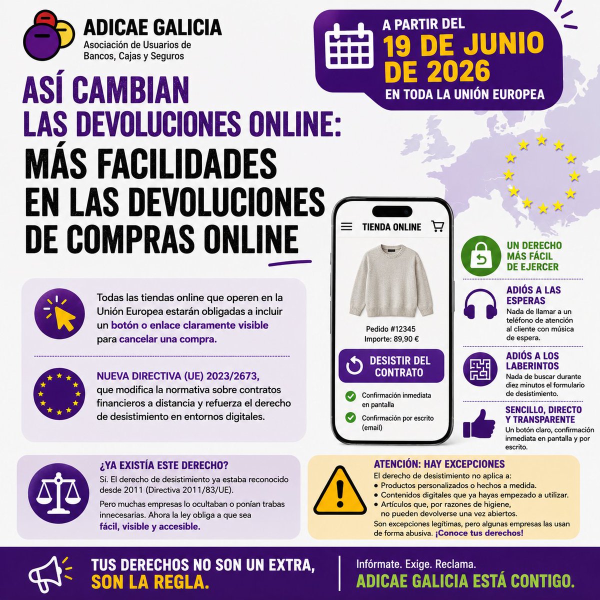 AdicaeG's tweet photo. 🛒A partir del 19 de junio, las tiendas deberán incluir un botón visible para cancelar compras y devolver pedidos.
❌Nada de formularios escondidos y llamadas eternas

¿Has tenido problemas para devolver una compra online? Cuéntanos tu caso.

Más info: https://t.co/yJGiKo276Z https://t.co/0Asl52DjUD
