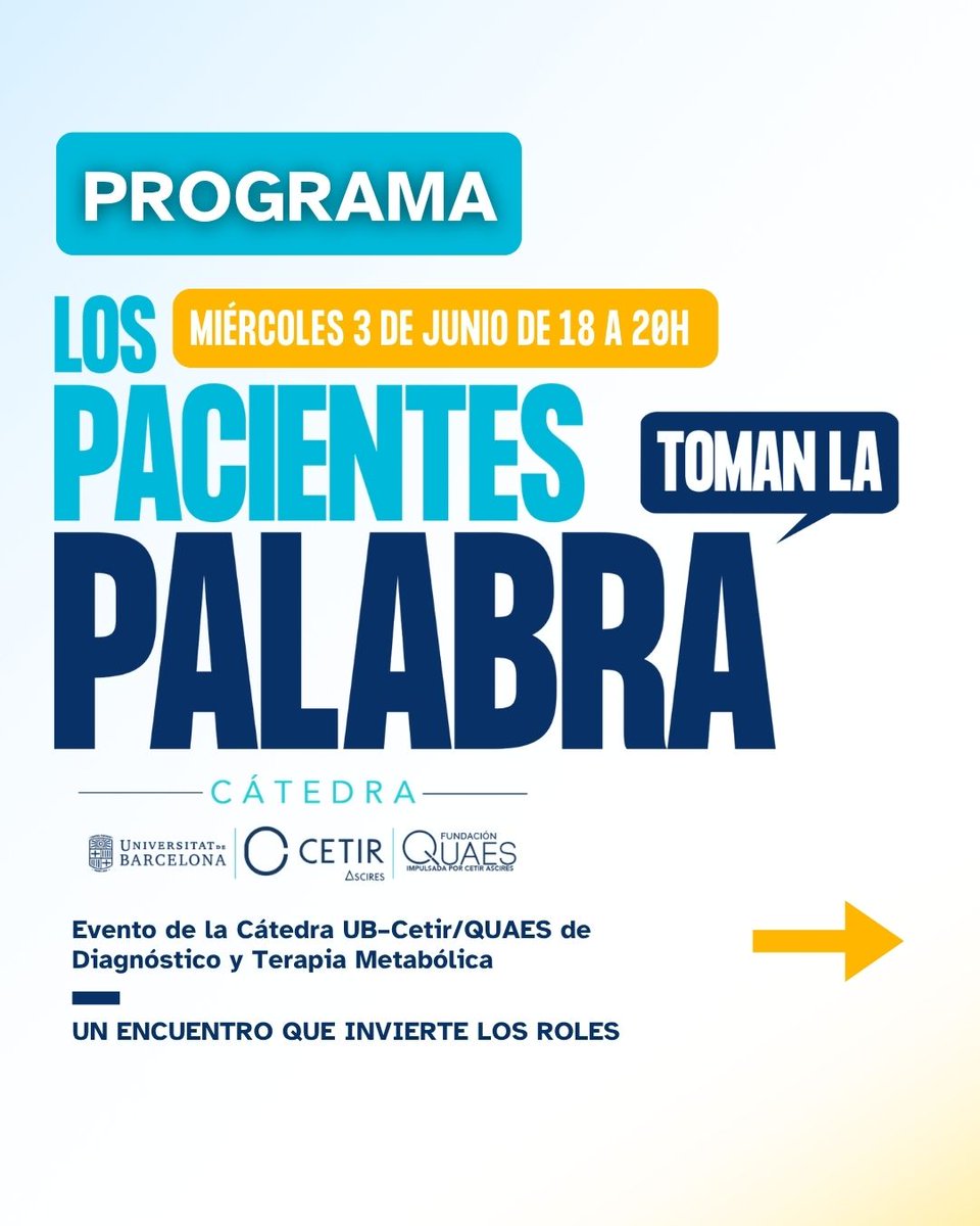 FQuaes's tweet photo. 🗣️ El programa de “Los pacientes toman la palabra” incluirá el testimonio de un paciente, una mesa abierta con AECC, ANCAP y especialistas del Clínic y Cetir Ascires y preguntas reales sobre terapia metabólica y cáncer.

📍 UB | 3 junio | 18h
@ancap_es @ContraCancerBCN 

#FundaciónQUAES #CátedraUBCetirQUAES #JuntosCompartiendo #Teragnosis