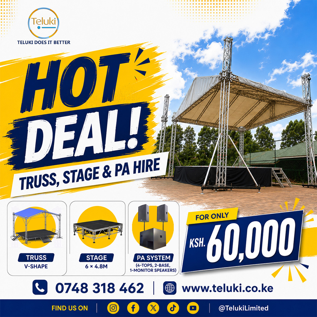 TelukiLimited's tweet photo. All-in-One Event Setup Package.
Stage, truss &amp; PA System Hire at an unbeatable price KSh 60,000.
Reach us on 0748 318462 #nairobi #telukilimited #Teluki #hotdeals https://t.co/8l8GbE0d2I