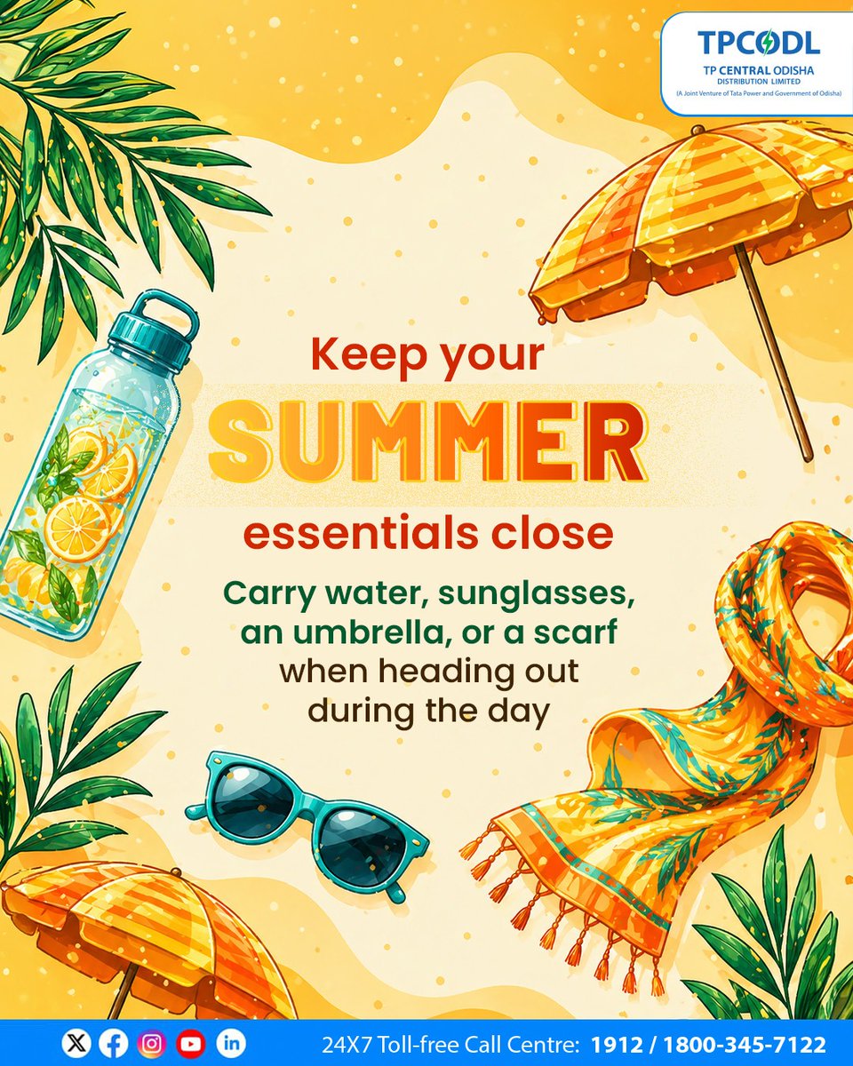 TPCentralOdisha's tweet photo. A little preparation before stepping out can go a long way in summer. 

Keeping essentials like water, a scarf, sunglasses, or an umbrella handy can help you stay protected and travel more comfortably through the heat.

#SummerSmart #SummerSafety #BeatTheHeat https://t.co/To1UNosKtl