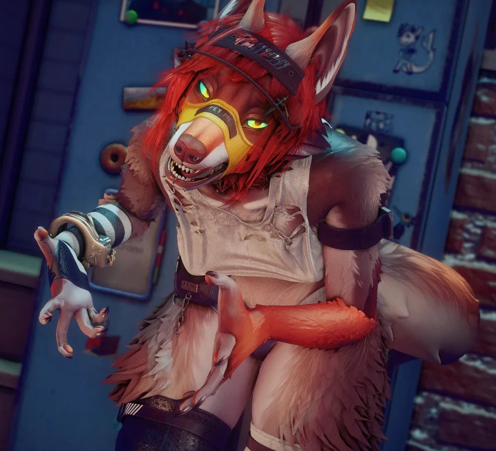 ReiTuki's tweet photo. "hey where is my cake ? couldn't find in fridge!" 
first impression of this pose (from Hotdog which is amazing)

btw its the old head from Cerberus, Coyotl 
skin mod from MARZ i really love the badass vibe so i bought the head but sadly not much stuff for it 🥲

 #secondlife https://t.co/bY4C1D6M70