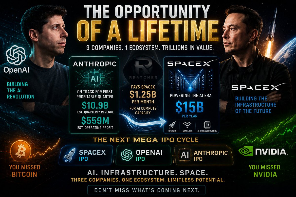SnReatcher's tweet photo. 🚨 CONNECT THE DOTS.

Anthropic is reportedly on track for its first profitable quarter.

But here's the crazy part:

🤖 Anthropic
→ Building AI
🚀 SpaceX
→ Supplying massive AI compute infrastructure

💬 OpenAI
→ Scaling the AI revolution
According to Reuters, Anthropic could be paying SpaceX up to $1.25 BILLION per month for compute capacity.

That's $15 BILLION per year.
This isn't just about rockets anymore.

SpaceX may be evolving into one of the world's largest AI infrastructure companies.

The next mega IPO cycle could be:

SpaceX

OpenAI

Anthropic

AI. Infrastructure. Space.
Three companies.
One ecosystem.
You missed Bitcoin.
You missed Nvidia.

Pay attention to what's coming next.

#SpaceX #OpenAI #Anthropic #AI #IPO #Nasdaq #ElonMusk #SamAltman #ClaudeAI #Bitcoin #BTC #Reatcher