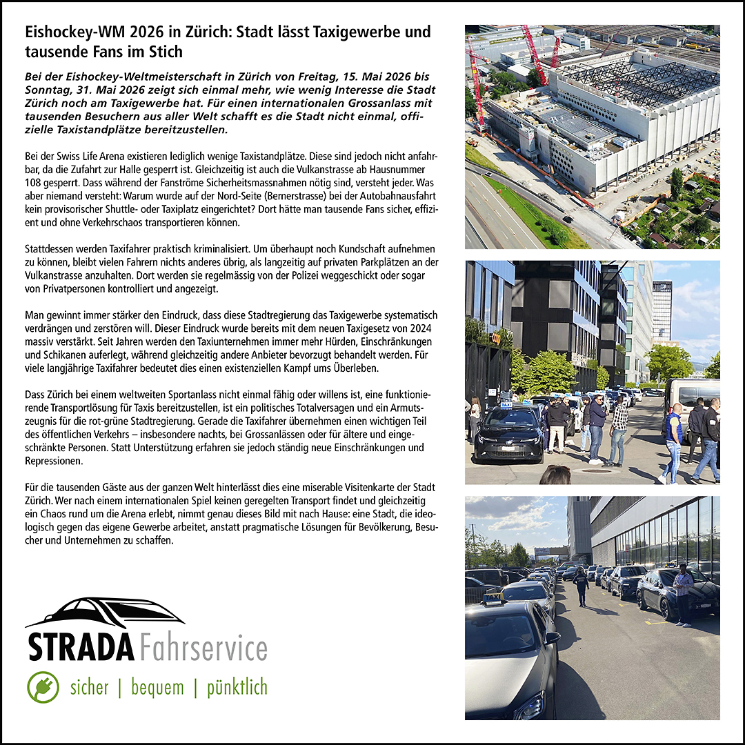 Stradafahren's tweet photo. Eishockey-WM 2026 in Zürich: Stadt lässt Taxigewerbe und Fans im Stich. Während der Eishockey-WM 2026 in Zürich zeigt sich erneut das fehlende Interesse der Stadt am Taxigewerbe. Trotz tausender internationaler Besucher fehlen offizielle Taxistandplätze. https://t.co/GuLSRPm3Bb