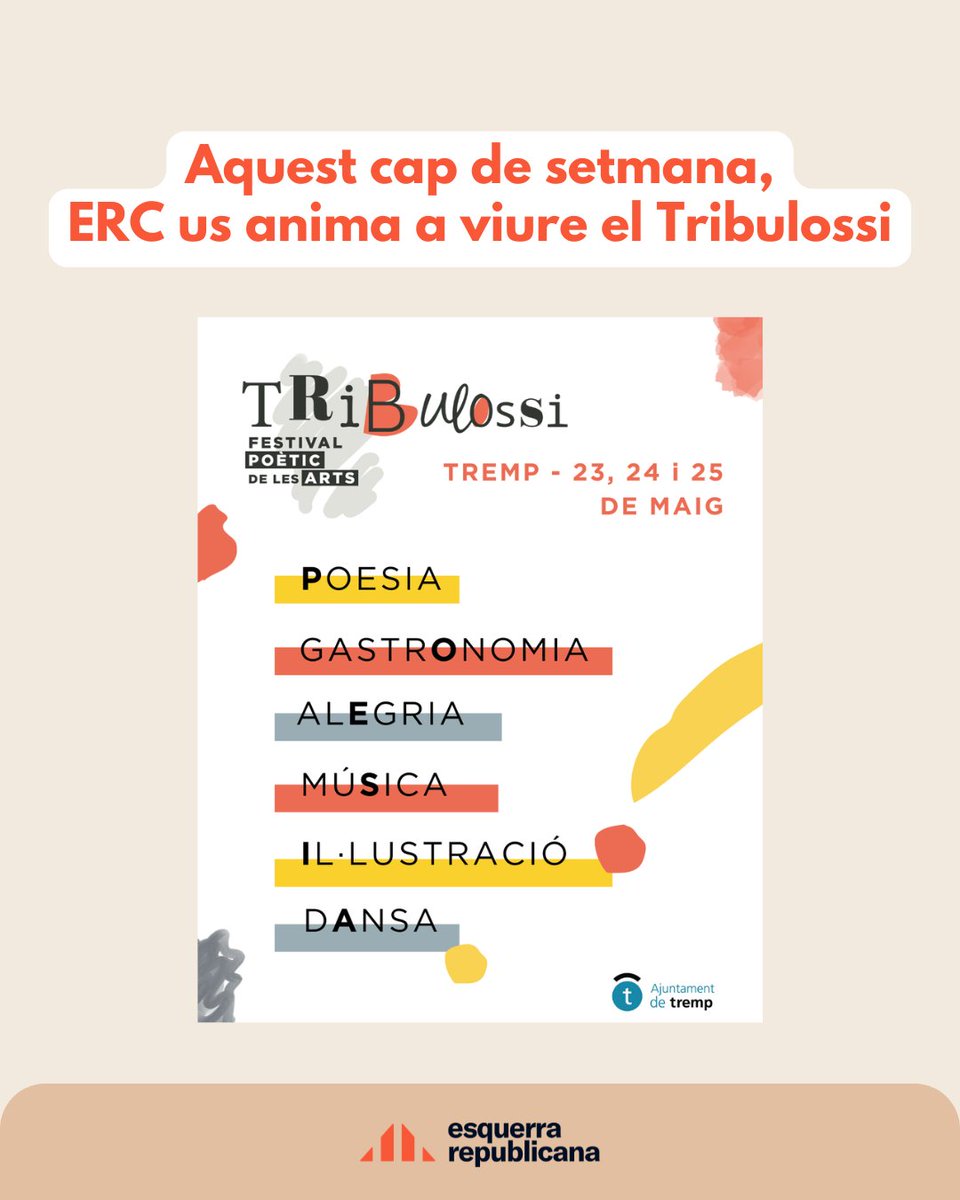 ERCTremp's tweet photo. La poesia, la música, la dansa i l’art omplen Tremp amb una nova edició del Festival Tribulossi ✨ Des d’ERC Tremp us animem a sortir i viure’l!

Aquesta n'és la programació 👇 https://t.co/AbsjyJnOEA
