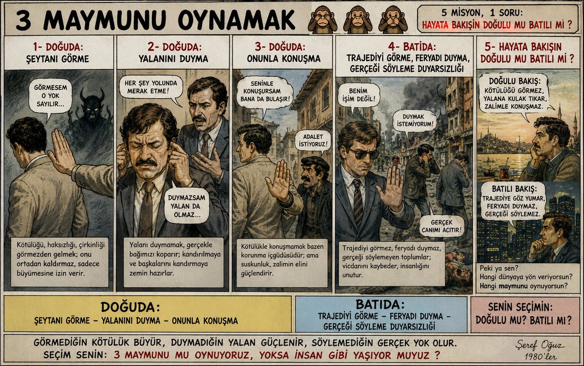 eerdincus's tweet photo. Şeref Oğuz’un “3 Maymun” yaklaşımı aslında toplumların vicdan aynasıdır.
Doğuda; kötülüğü görmemek, yalanı duymamak, zalimle konuşmamak erdem sayılırken; Batıda trajediye duyarsızlık eleştirisi öne çıkar.
Asıl soru şu: Biz bugün hangisini yaşıyoruz?
#KamuSpotu #3Maymun #ŞerefOğuz https://t.co/b2nyfeEuAx