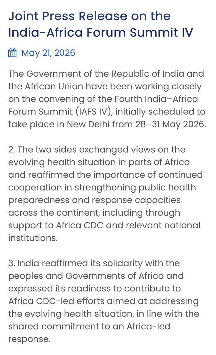 SimontiniB's tweet photo. Amid growing public health concerns in parts of Africa, India and the African Union have decided to postpone the Fourth India–Africa Forum Summit (IAFS IV), which was scheduled to be held in New Delhi from May 28 to 31.
👉🏻 https://t.co/hmGf7Glygf
#Ebola #IAFS #newswupdate https://t.co/PR9GV3zyy9