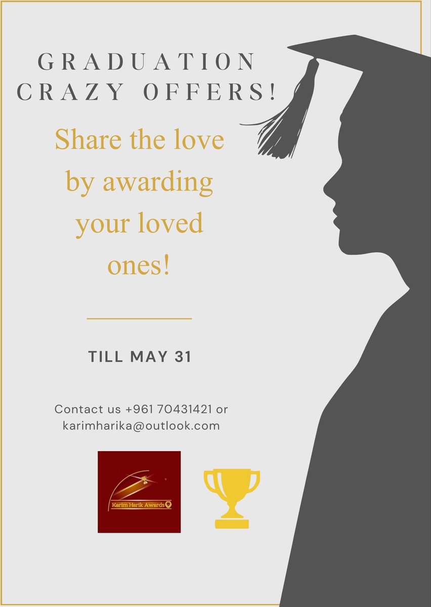 HARIKHOLDING's tweet photo. Graduation Crazy Offers! @karimharikaward 

Share the love by awarding your loved ones! 

Trophies, certificates, bracelets, mugs, tshirts, pens, pins, keychains, pillows, beach towels… 

Contact on +961 70431421 

#karimharikawards #graduation #HARIKHOLDING https://t.co/TZtUImIwGm