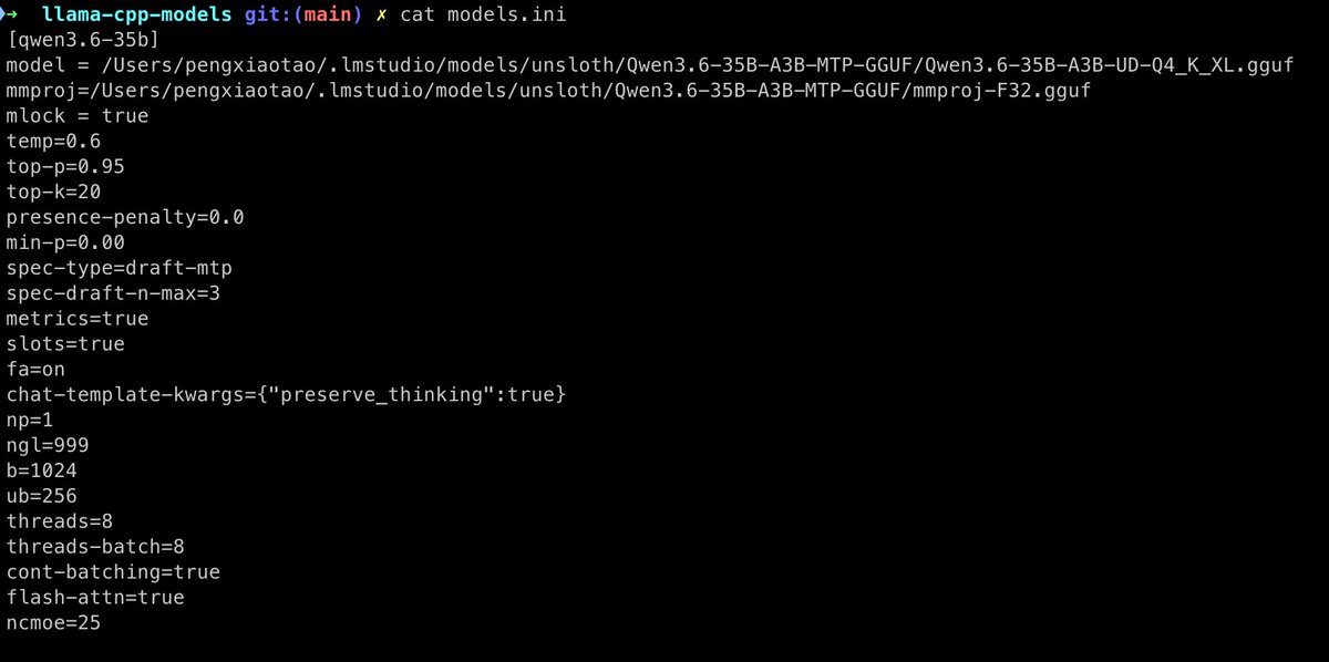 yyaadet's tweet photo. My device is Mac M2 Ultra 64G. Run Qwen3.6-35B-A3B-UD-Q4_K_XL.gguf with 60 Token/s. The following is configure: https://t.co/czjavSBadX