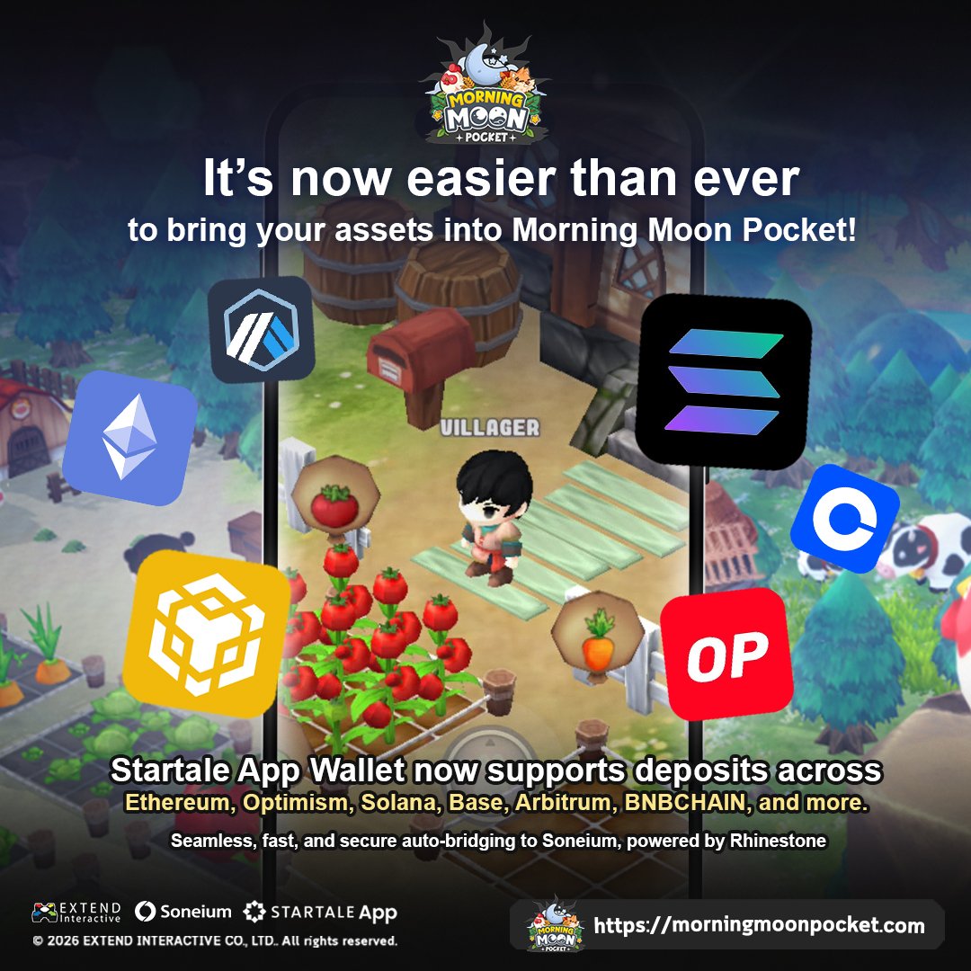 MMPgame's tweet photo. 🌙 Bringing assets into Morning Moon Pocket easier than ever 🚀

Now supported: Ethereum, Solana, Base, Arbitrum, OP, BNB Chain &amp; more via @StartaleApp Wallet on @soneium https://t.co/pCCpCF2khB