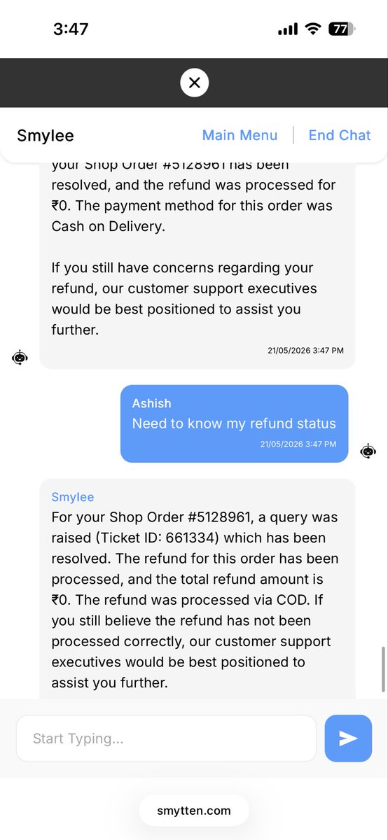 ashz30's tweet photo. @GetSmytten There is no way to raise it via the help centre.. it says zero amount to be refunded and ticket resolved .. and when i raise another ticket it says ticket already raised https://t.co/rjPA7CnzvV