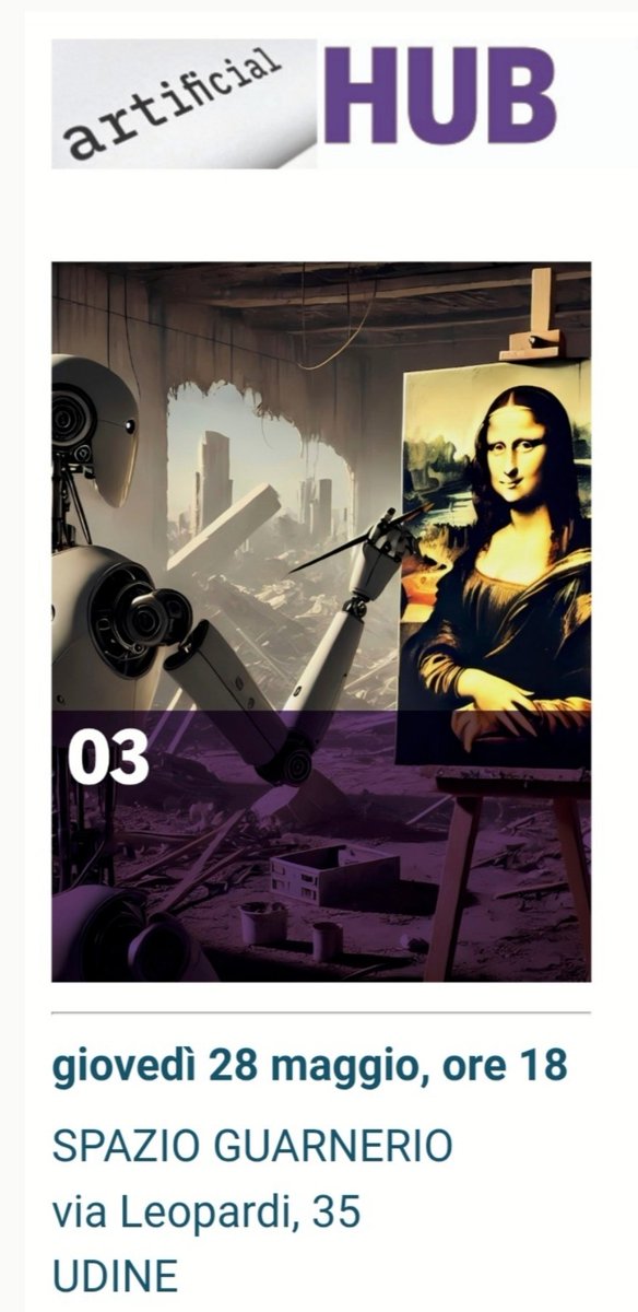 STAZIONEROGERS's tweet photo. ARTIFICIAL HUB - ARTE E TECNO-KITSCH - UDINE Spazio Guarnerio, giovedì 28 maggio, ore 18

giovedì 28 maggio, ore 18

SPAZIO GUARNERIO
via Leopardi, 35
UDINE
ARTE 

PROGRAMMA 
https://t.co/uVcqfWma6V
Il Tecno-kitsch è la naturale estensione di una categoria estetica https://t.co/CstdUT0IYy