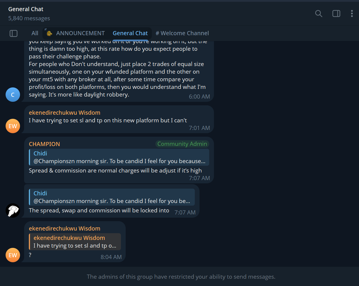 hiddeninchrome's tweet photo. @NUELwithME @WfundedHQ @IamDapo @forexblog9ja @iamtolufx Went to their telegram to ask for help the admin deleted my message and restricted me from messaging.... I have a full folder on my pc named wfunded.. The craziest part is they are still looking for new traders. my friends warned me not buy an account from them i didn't listen https://t.co/u3SUtdB32h