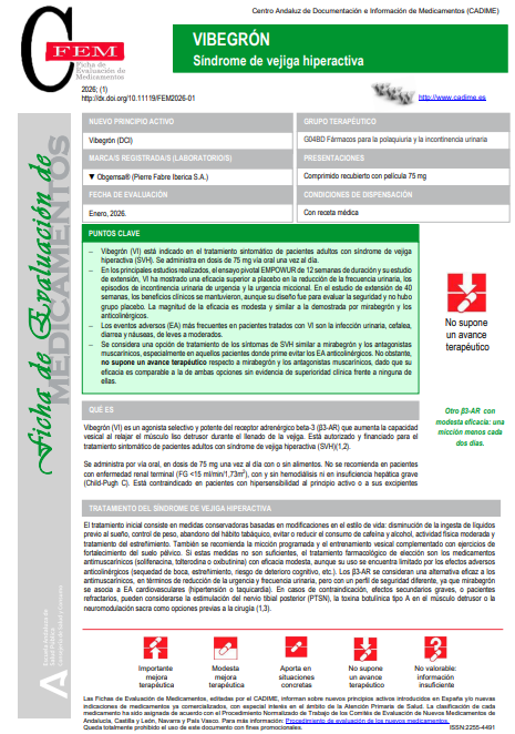 CADIME_EASP's tweet photo. 🆕FEM #Vibegrón en #vejigahiperactiva. 
✔️Reduce frecuencia urinaria, incontinencia de urgencia y la urgencia miccional vs placebo.
⚖️ Eficacia similar a mirabegrón.
⚠️ EA: ITU, cefalea, diarrea y náuseas.
💊No supone un avance terapéutico.
👉 Mas info:  https://t.co/V67Y7ufb0S https://t.co/VG5mXUAuup